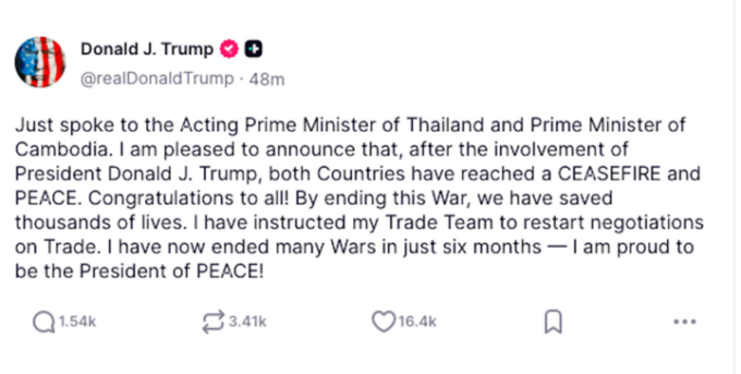 Tổng thống Trump “gây bất ngờ” khi tuyên bố giúp Thái – Campuchia ngừng bắn